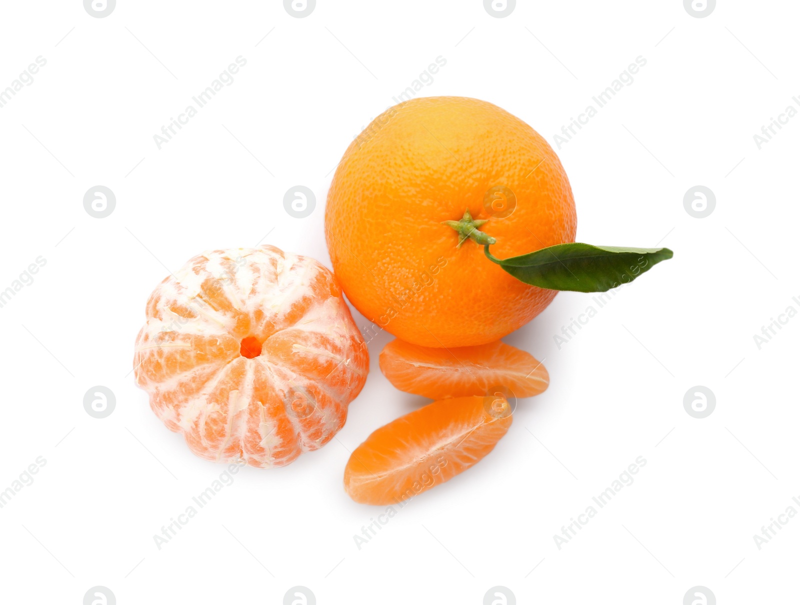 Photo of Fresh tangerines with green leaf on white background, top view