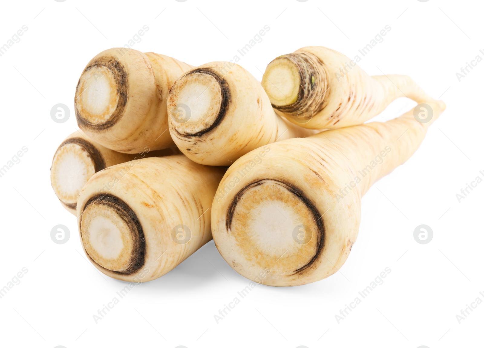 Photo of Tasty fresh ripe parsnips on white background