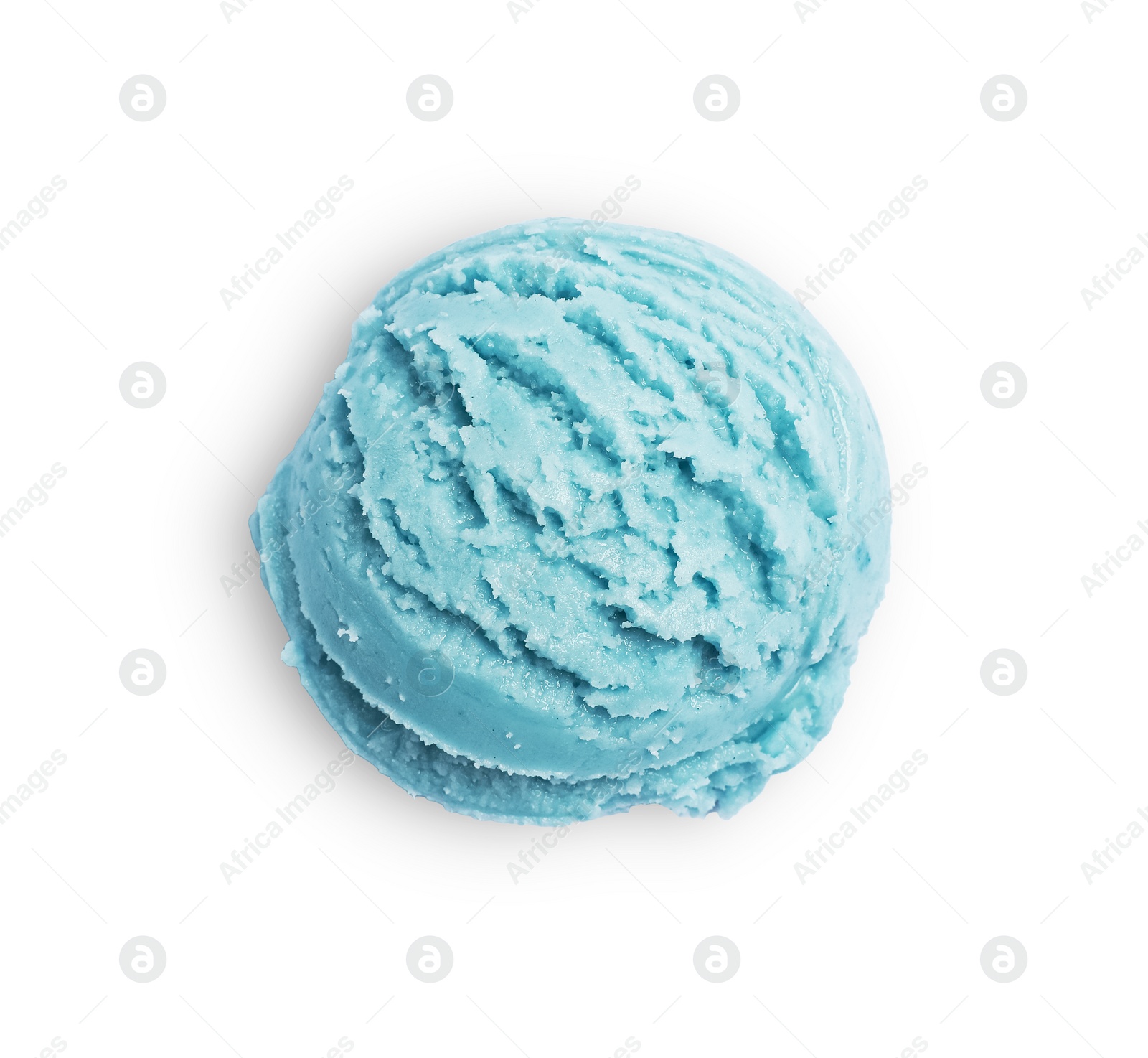 Photo of Scoop of tasty light blue ice cream isolated on white, top view