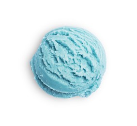 Scoop of tasty light blue ice cream isolated on white, top view