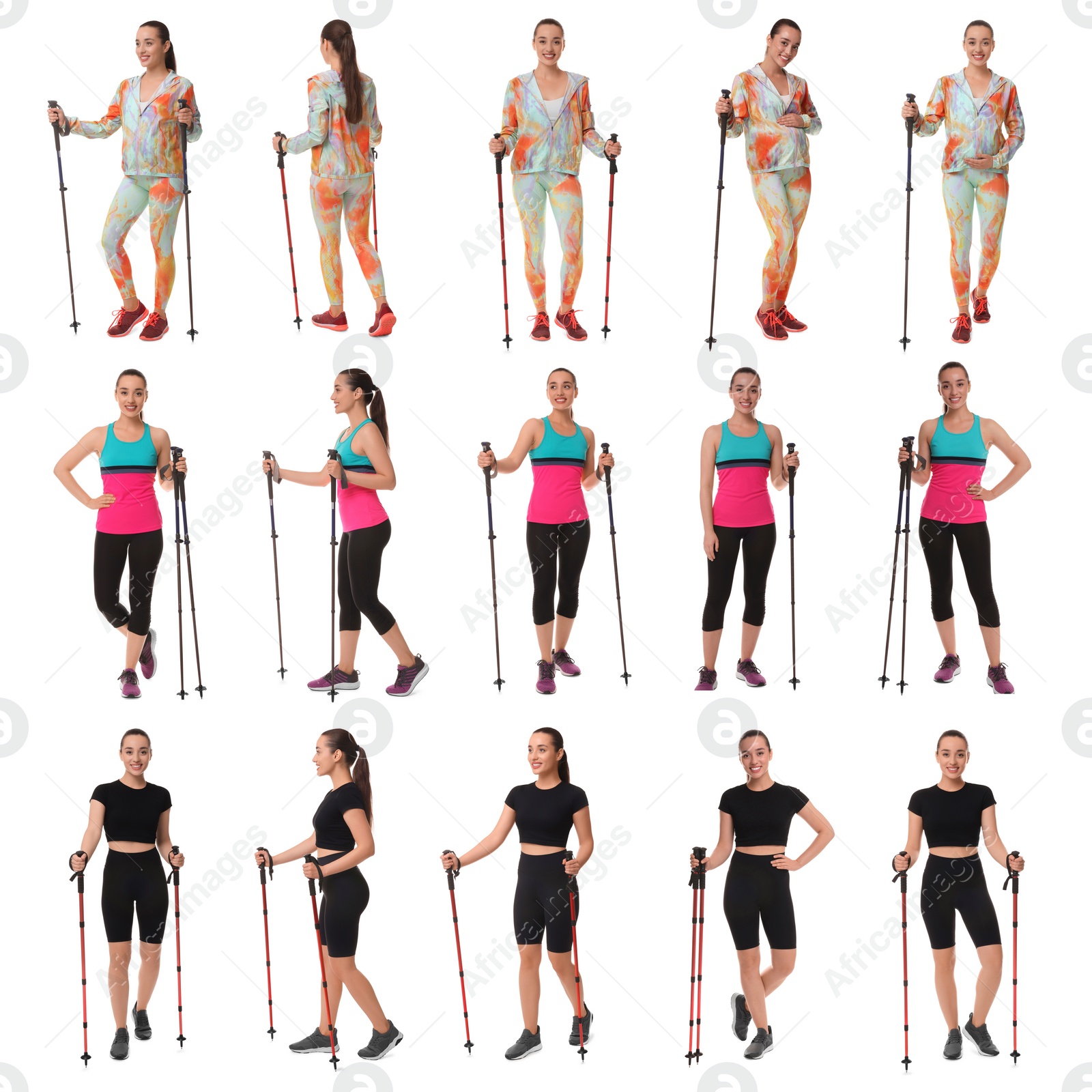 Image of Sporty woman with Nordic walking poles on white background, collage with photos