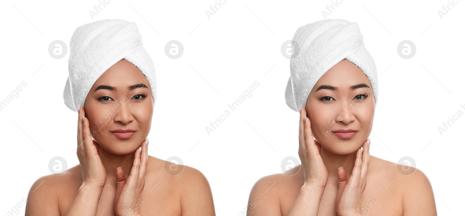 Image of Collage with photos of beautiful Asian woman before and after indoor tanning on white background. Banner design