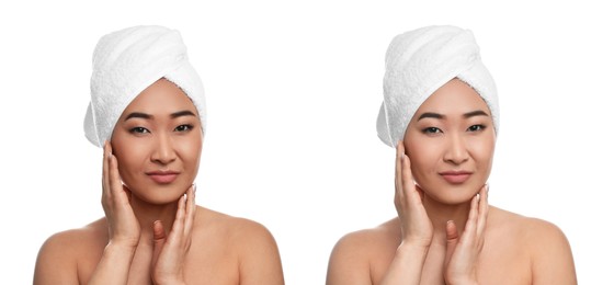 Image of Collage with photos of beautiful Asian woman before and after indoor tanning on white background. Banner design
