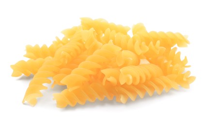 Photo of Pile of raw fusilli pasta isolated on white
