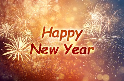 Illustration of Text Happy New Year on festive background with fireworks, bokeh effect