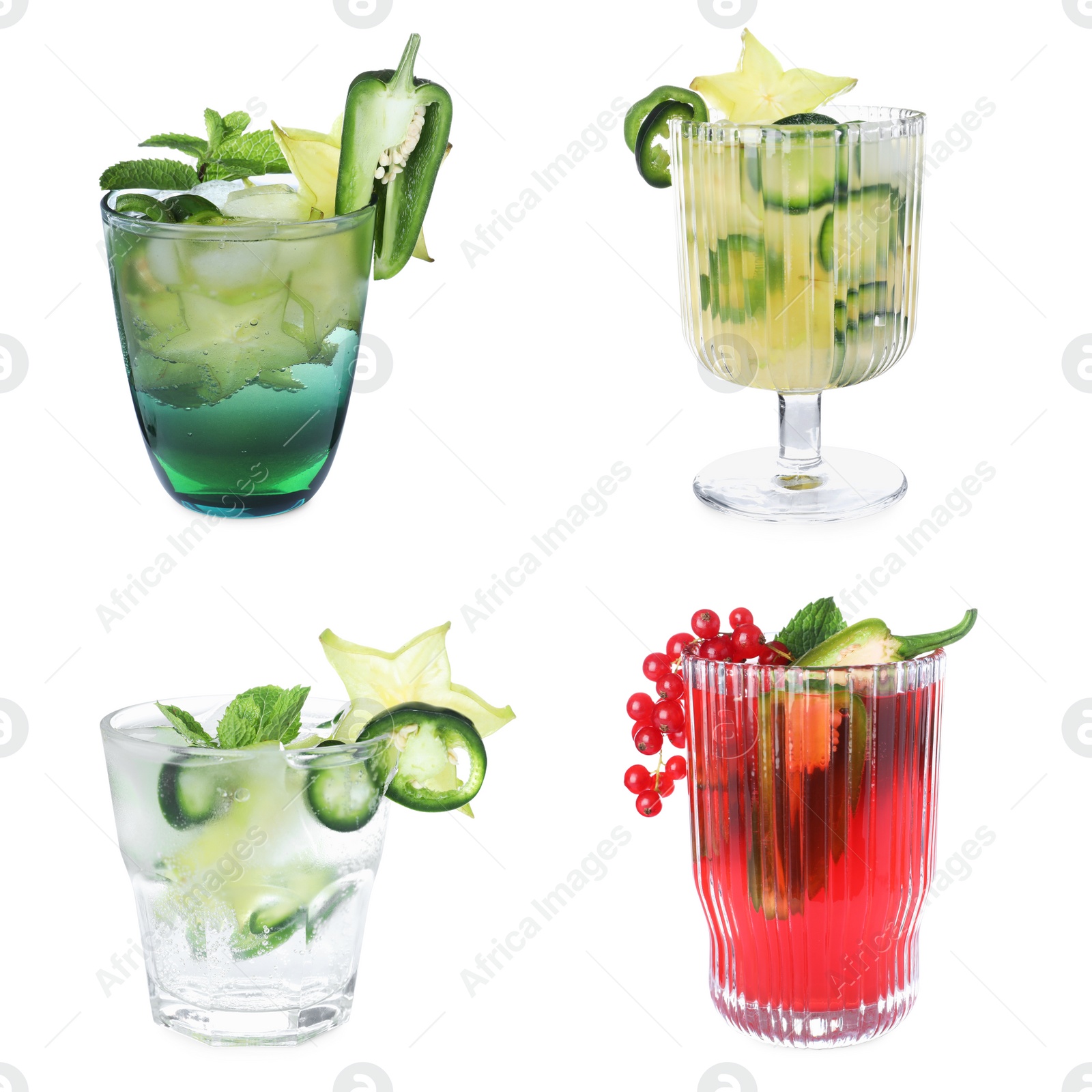 Image of Set of different spicy cocktails with jalapenos on white background