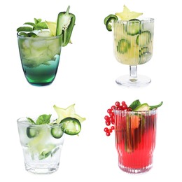 Set of different spicy cocktails with jalapenos on white background