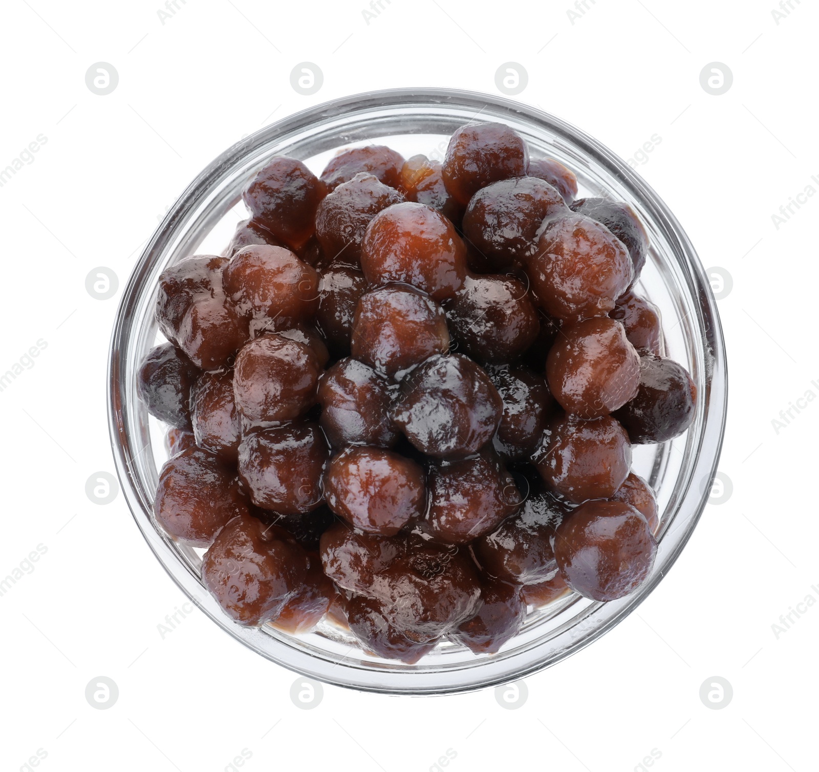 Photo of Tapioca balls for milk bubble tea in bowl isolated on white, top view