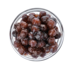 Tapioca balls for milk bubble tea in bowl isolated on white, top view