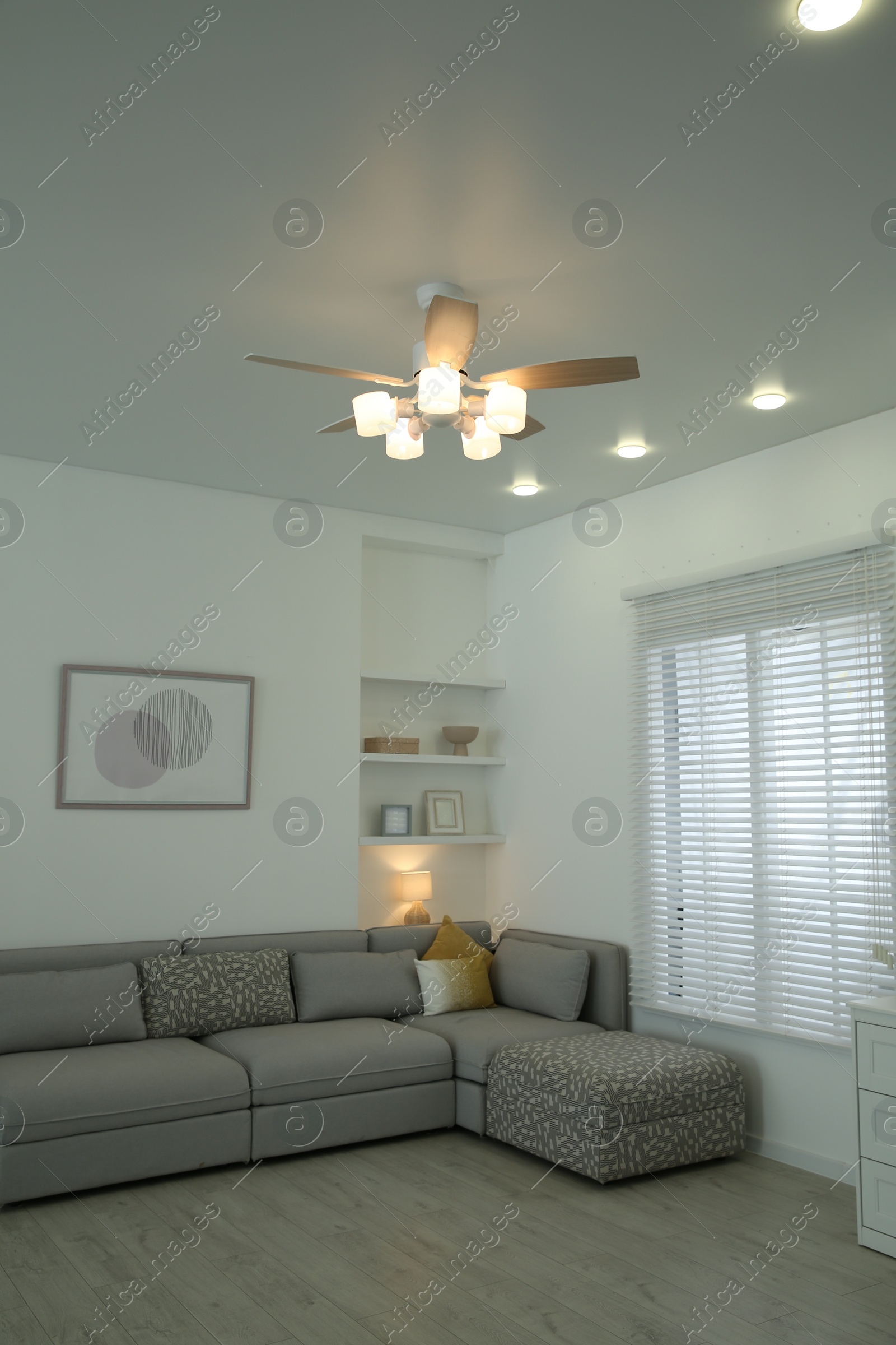 Photo of Comfortable furniture, ceiling fan and accessories in stylish living room