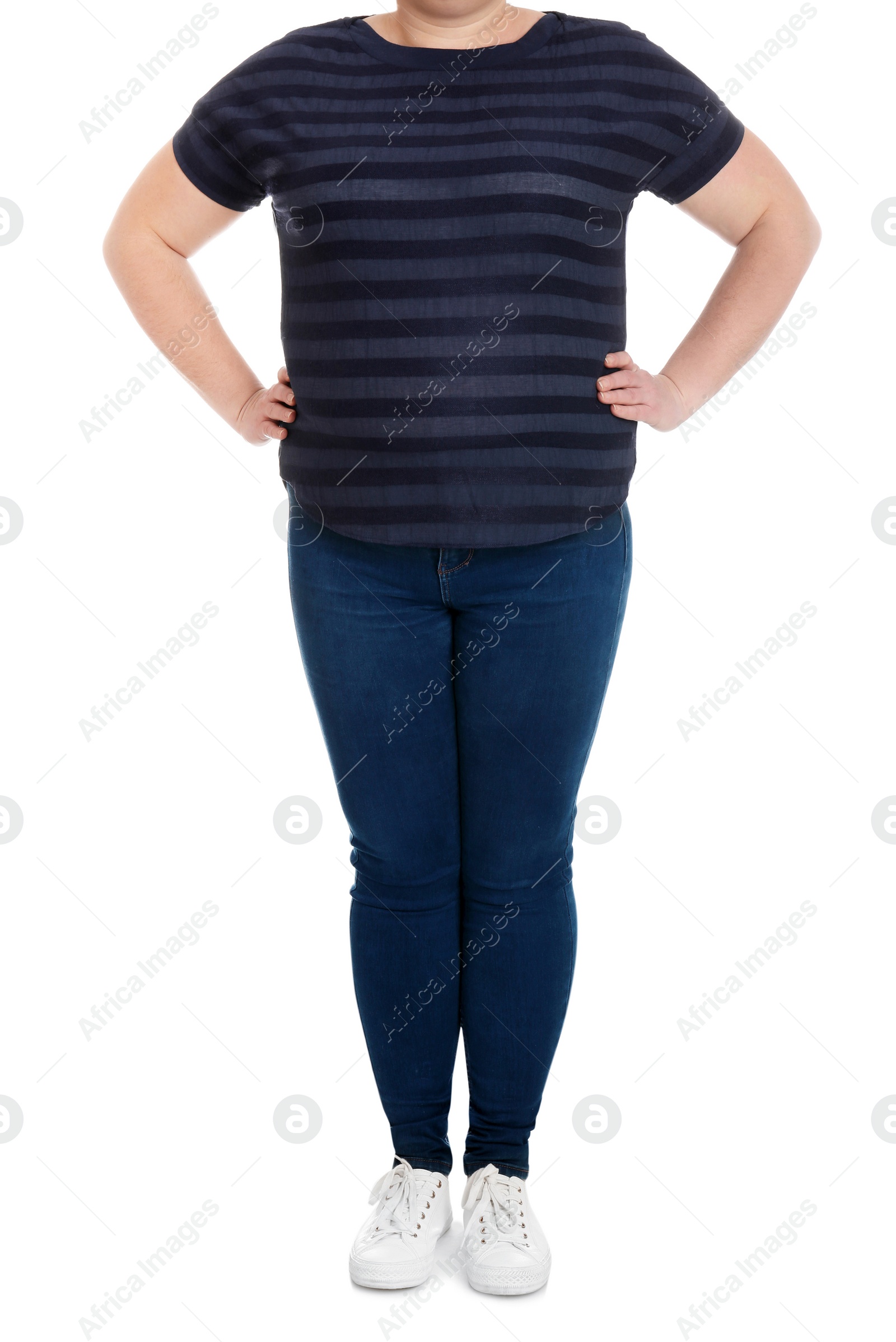 Photo of Overweight woman on white background, closeup. Weight loss