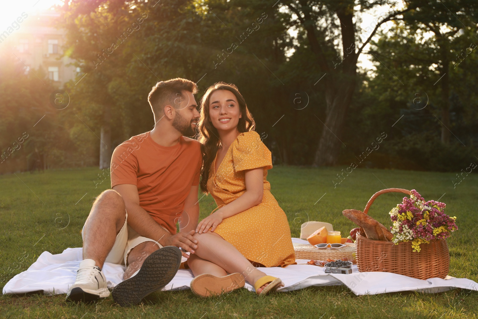 Photo of Lovely couple having picnic in park on sunny day