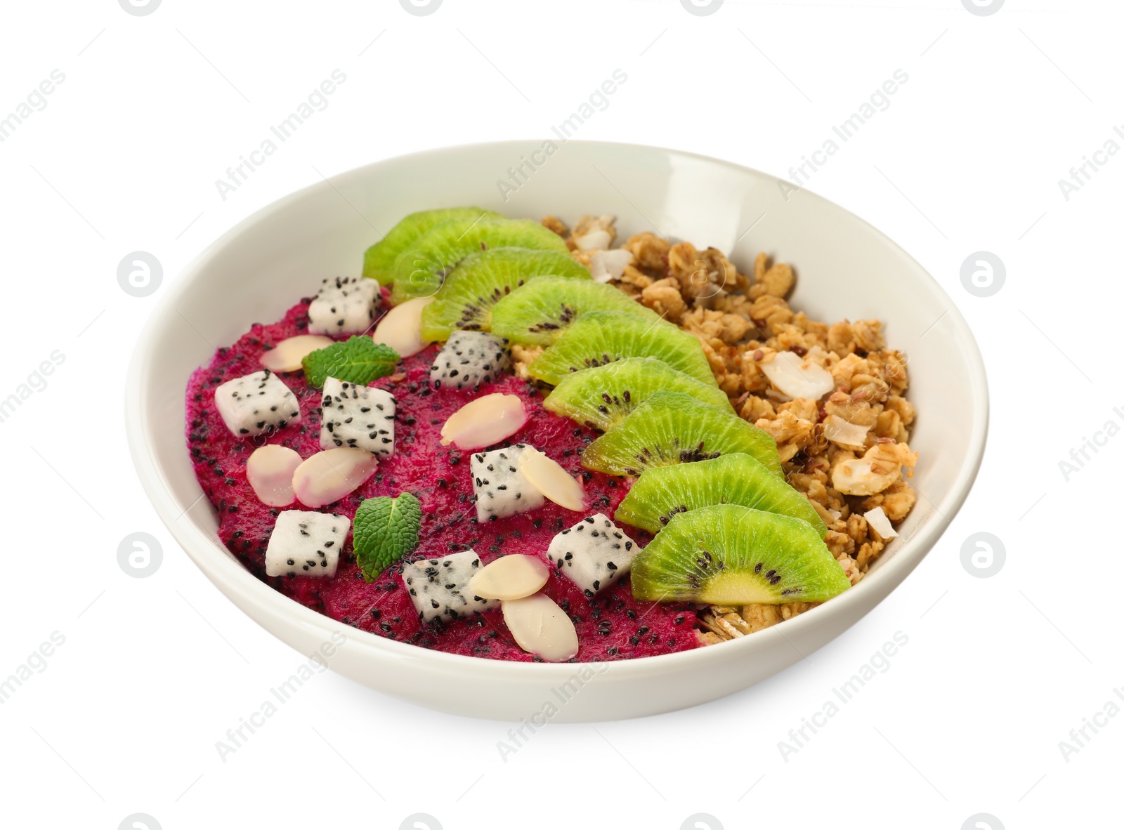 Photo of Bowl of granola with pitahaya, kiwi and almonds isolated on white