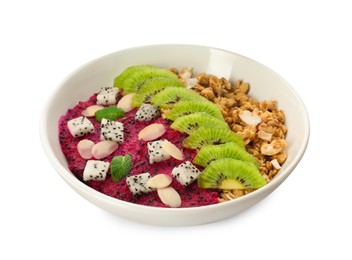 Photo of Bowl of granola with pitahaya, kiwi and almonds isolated on white