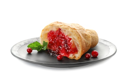 Photo of Tasty croissant with jam on plate against white background