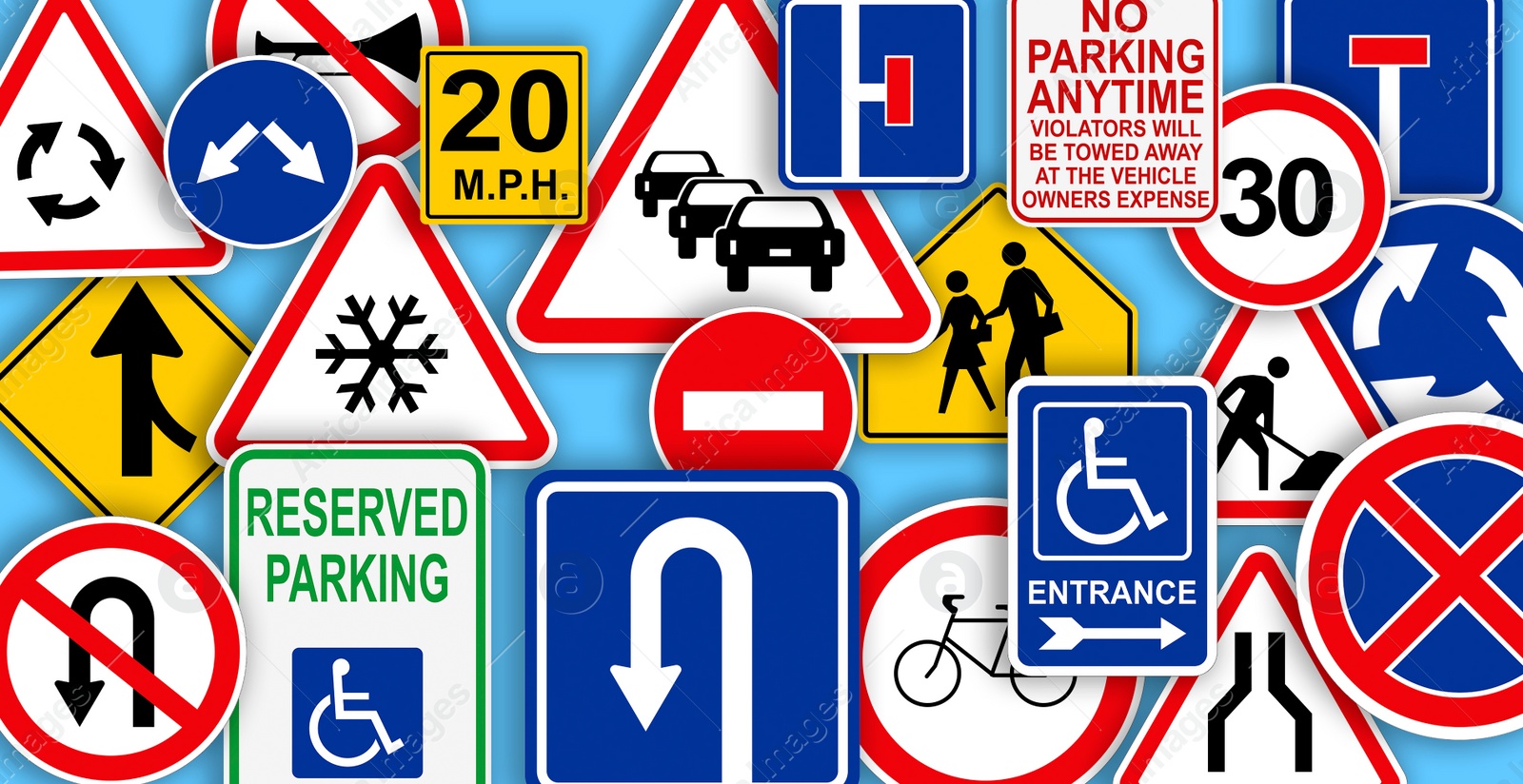 Image of Collection of different traffic signs on turquoise background. Banner design