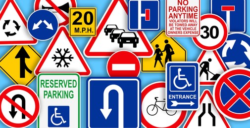 Image of Collection of different traffic signs on turquoise background. Banner design