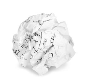 Crumpled sheet of paper with math equations isolated on white