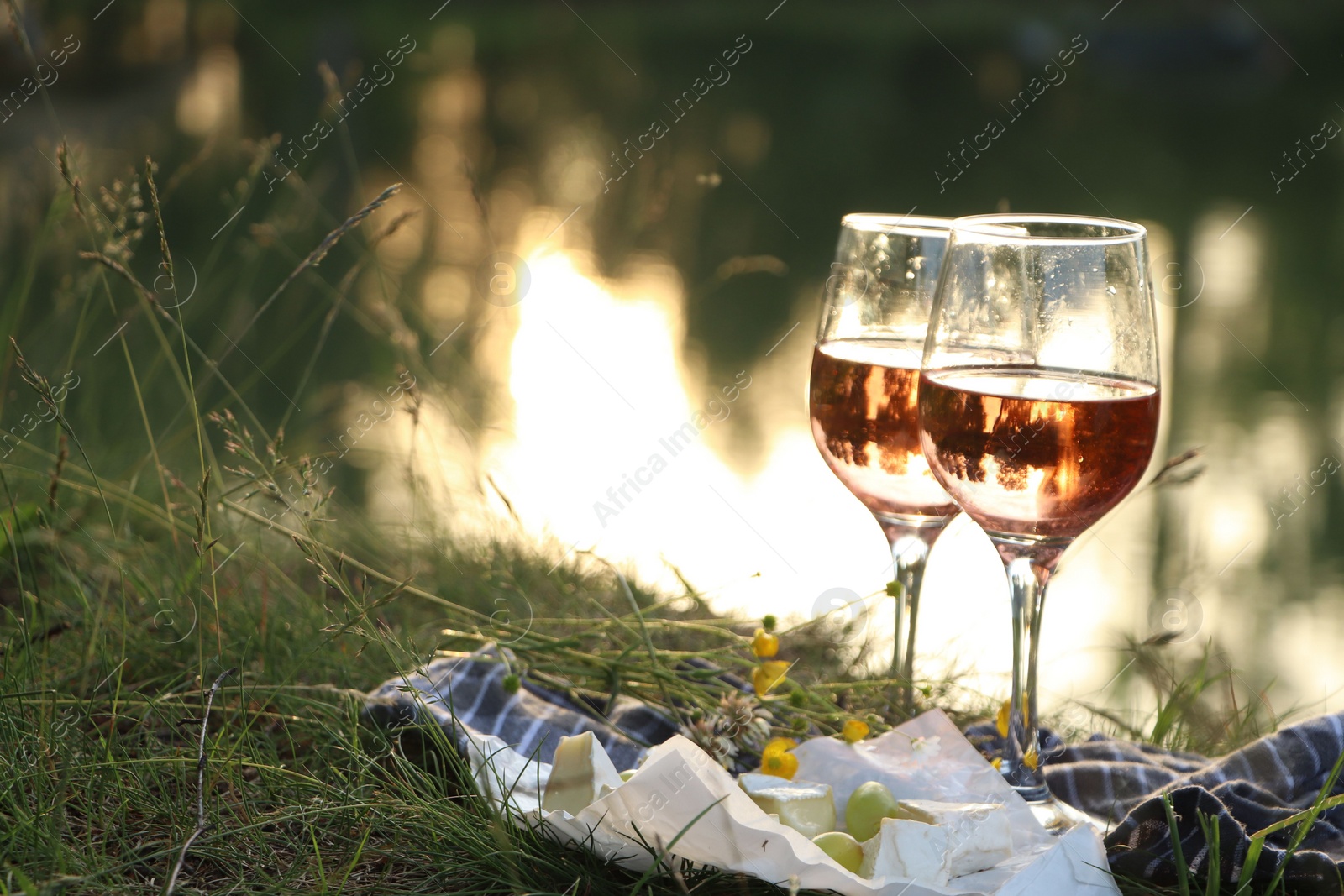 Photo of Glasses of delicious rose wine, cheese and grapes on picnic blanket near lake, space for text