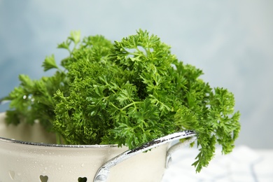Photo of Colander with fresh green parsley against color background, closeup
