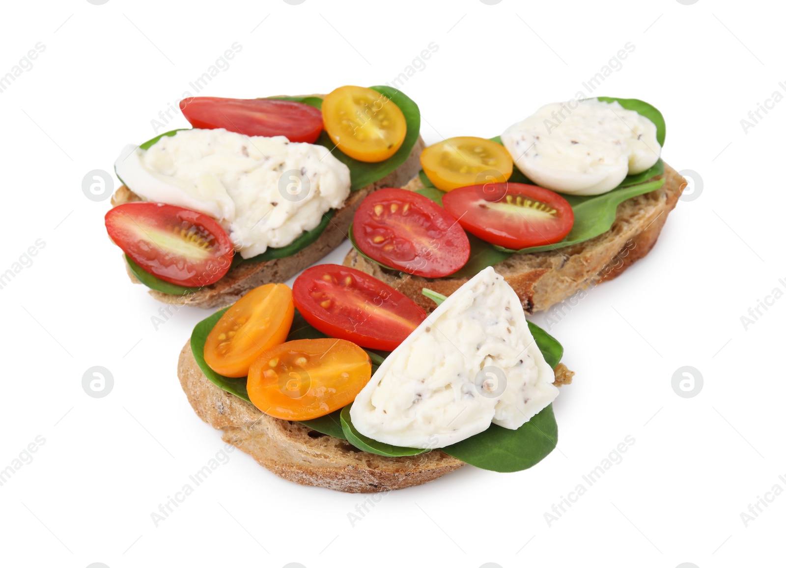 Photo of Delicious sandwiches with burrata cheese and tomatoes isolated on white