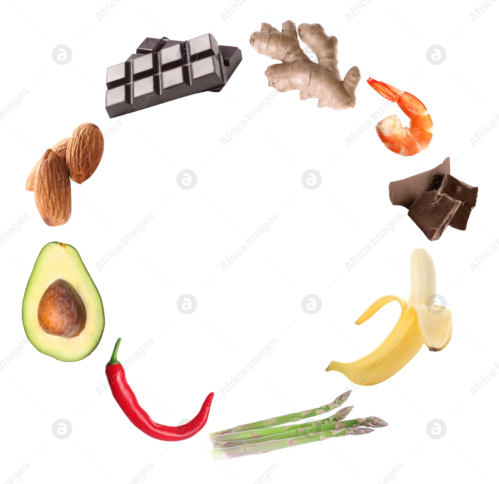 Image of Set with different aphrodisiac food for increasing sexual desire on white background 