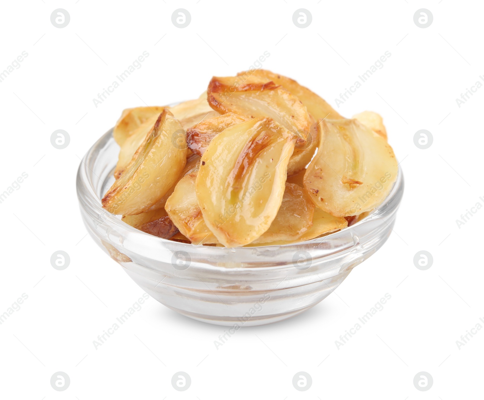 Photo of Fried garlic cloves in bowl isolated on white