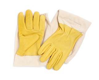 Photo of Protective gloves on white background, top view. Safety equipment