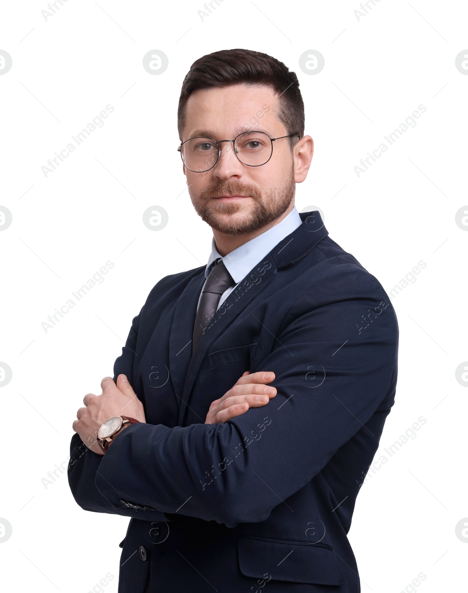 Photo of Handsome bearded businessman in suit on white background