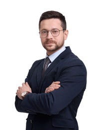 Photo of Handsome bearded businessman in suit on white background