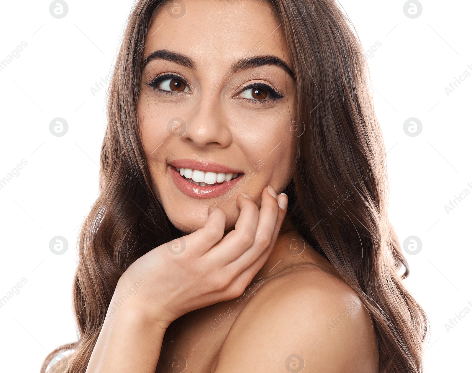 Photo of Beautiful woman with shiny wavy hair on white background