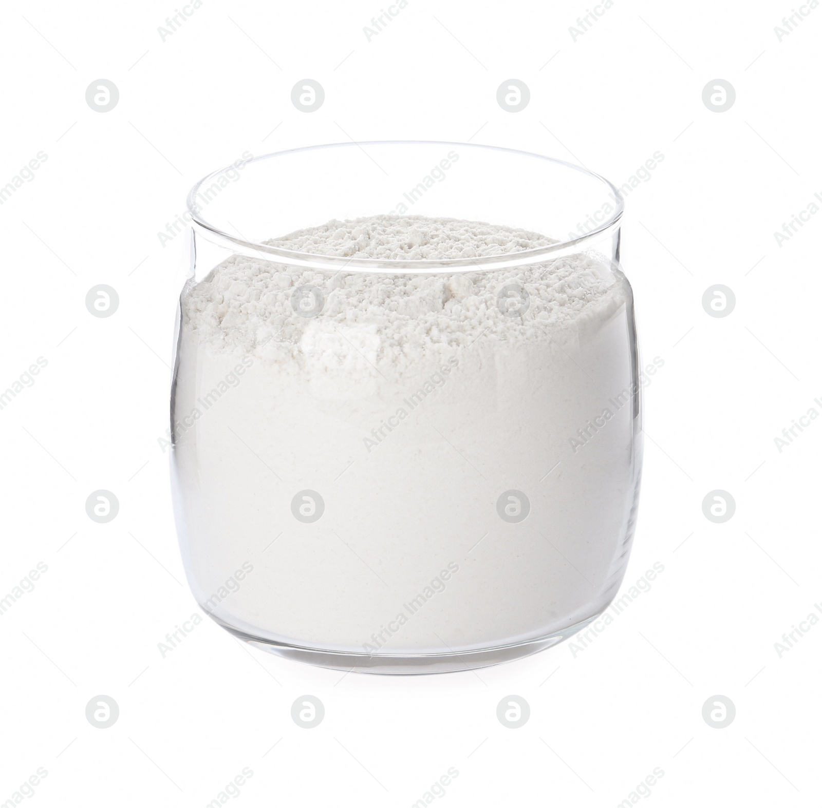 Photo of Organic flour in glass jar isolated on white