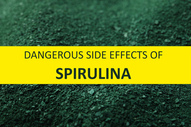 Image of Green spirulina algae powder as background, closeup. Side effects 