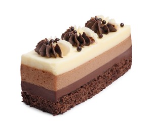 Photo of Piece of tasty chocolate mousse cake isolated on white