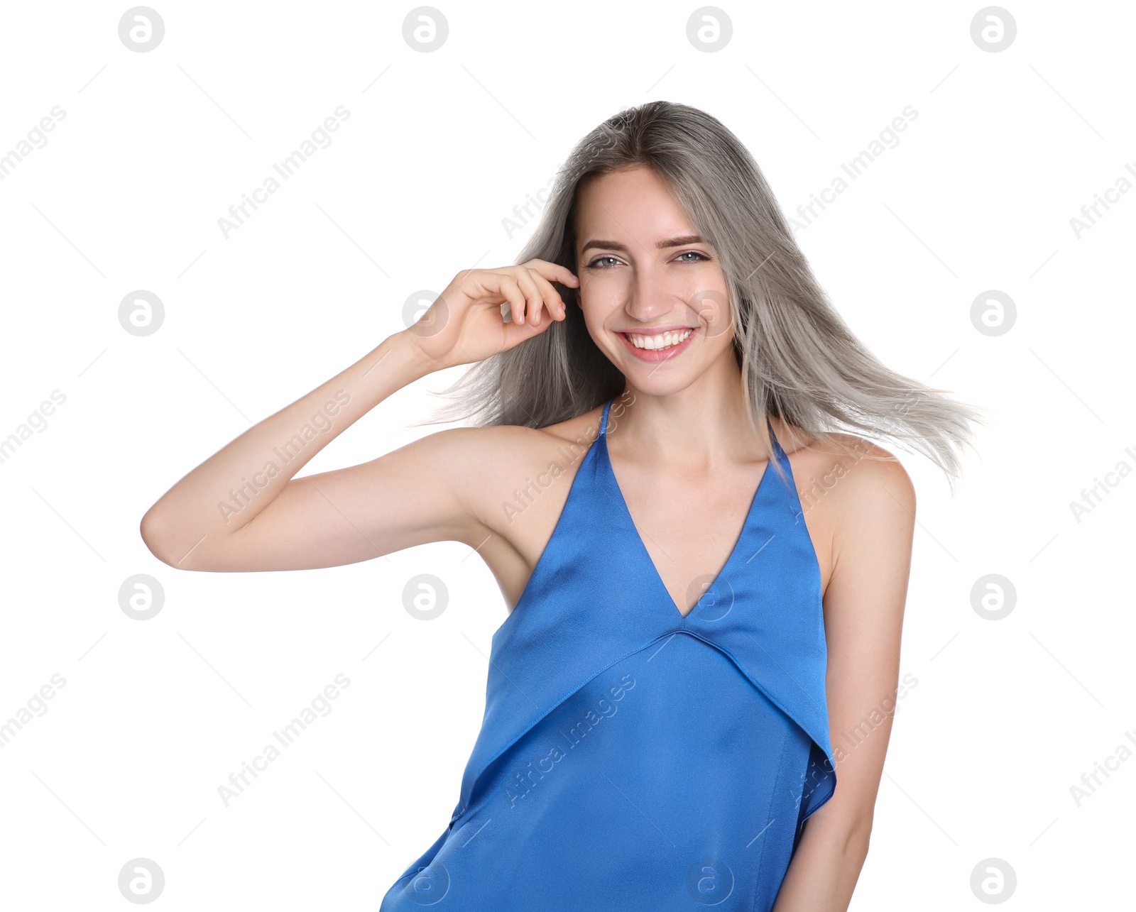 Image of Portrait of smiling woman with ash hair color on white background