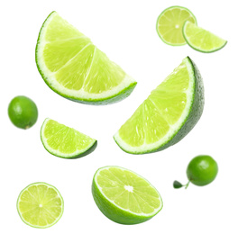 Image of Collage of flying limes on white background