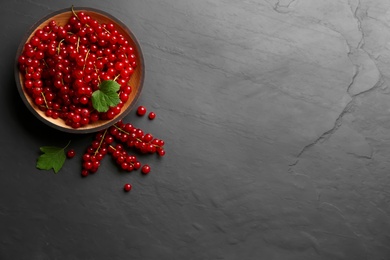 Photo of Delicious red currants on black slate table, flat lay. Space for text