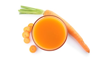 Photo of Glass with carrot juice and fresh vegetable on white background