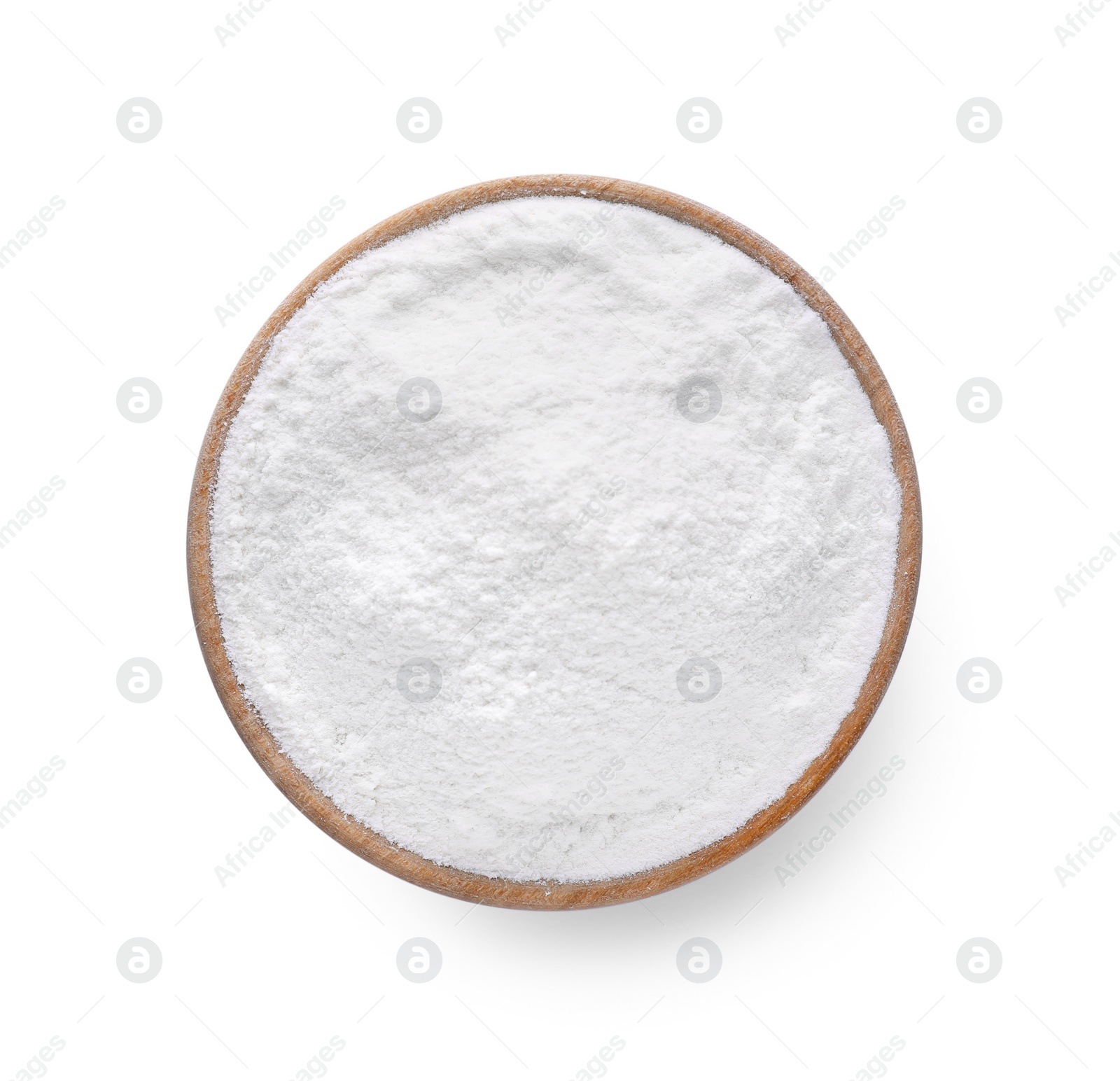 Photo of Wooden bowl with bean flour isolated on white, top view