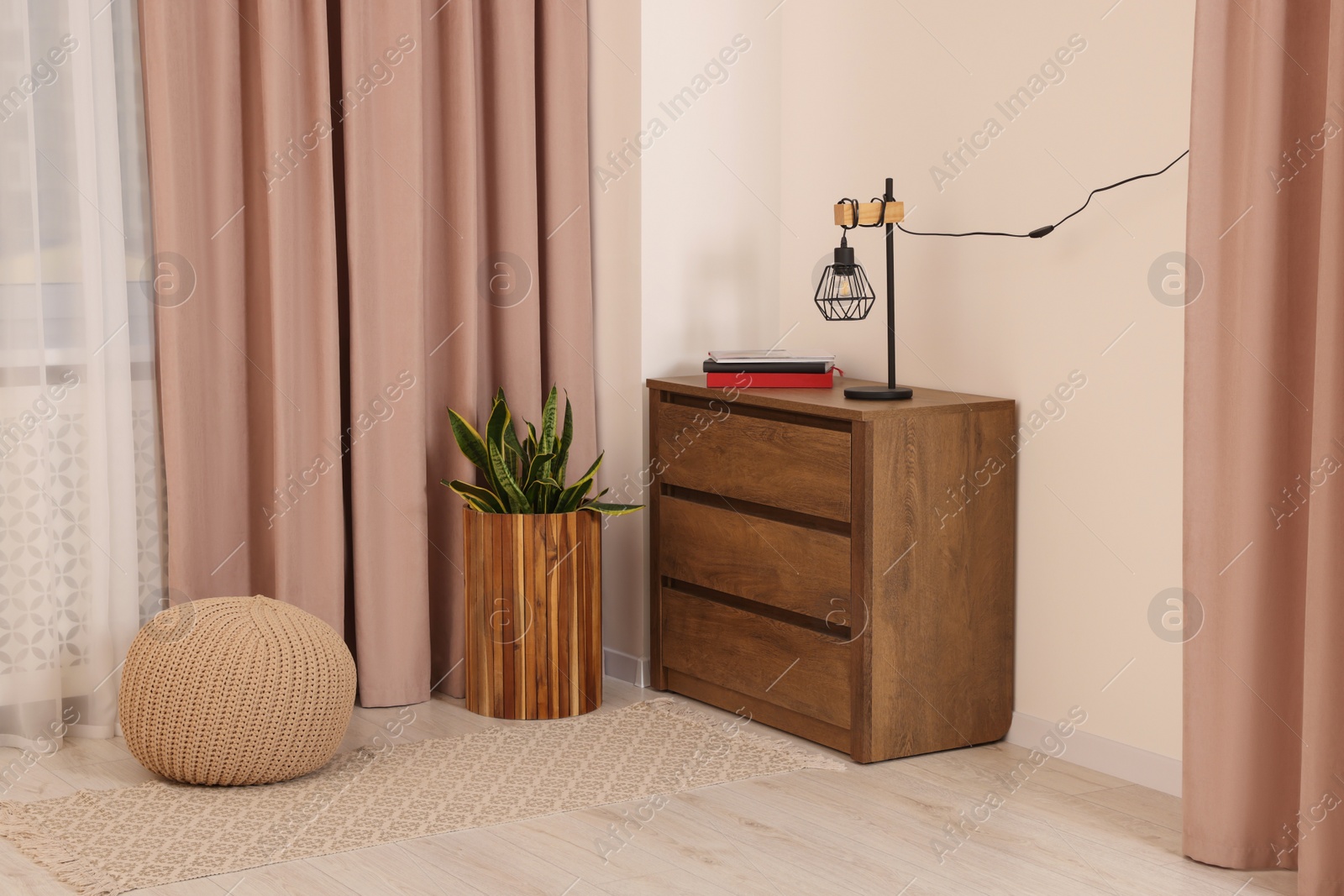 Photo of Stylish room interior with chest of drawers, houseplant and curtains