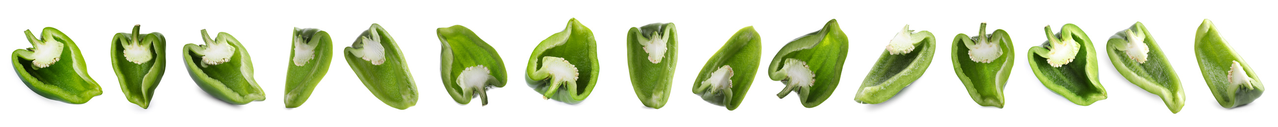Image of Set of cut ripe green bell peppers on white background/ Banner design 