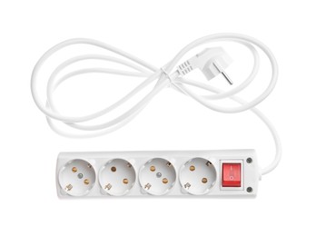 Photo of Power strip with extension cord on white background, top view. Electrician's equipment