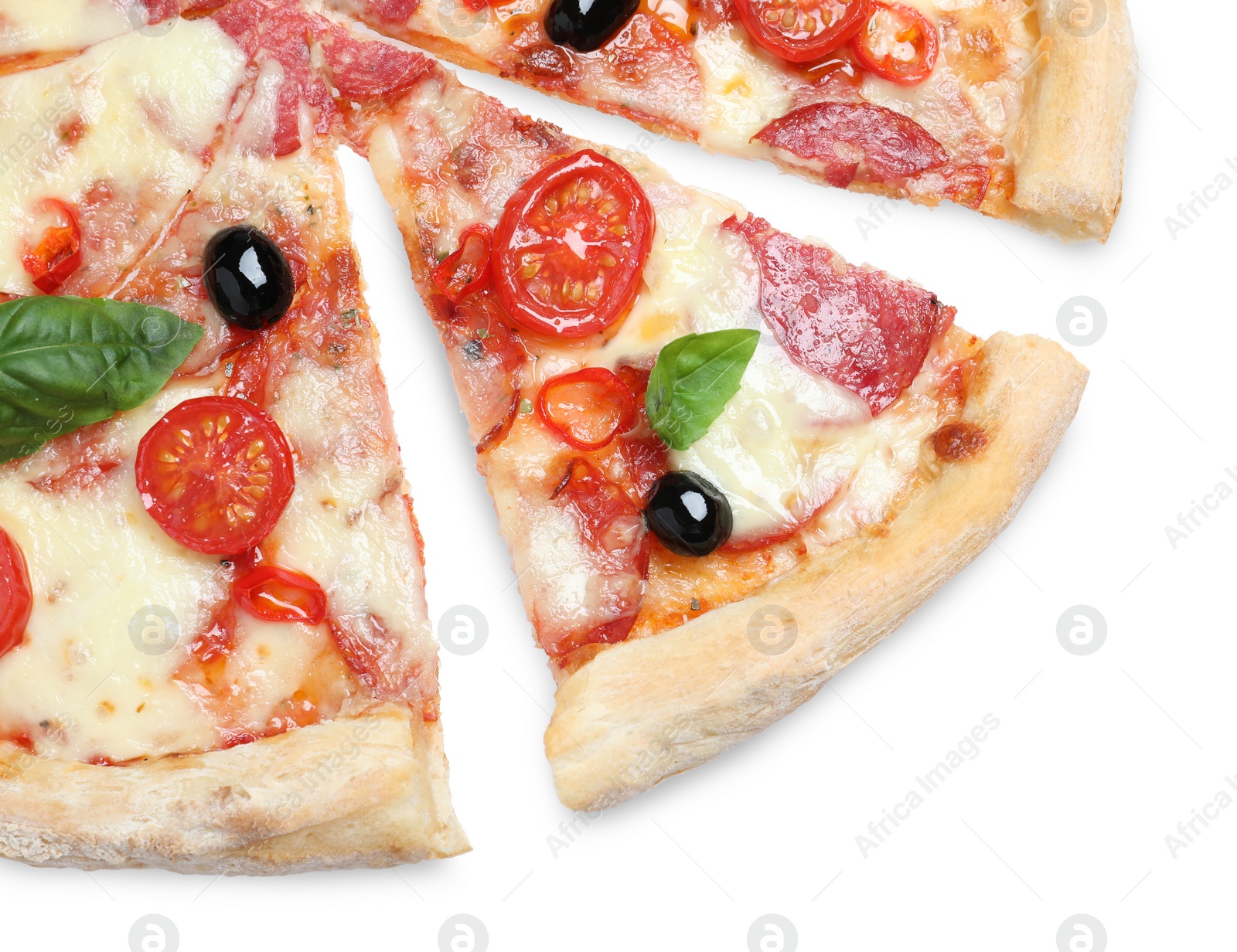 Photo of Delicious pizza Diablo isolated on white, top view