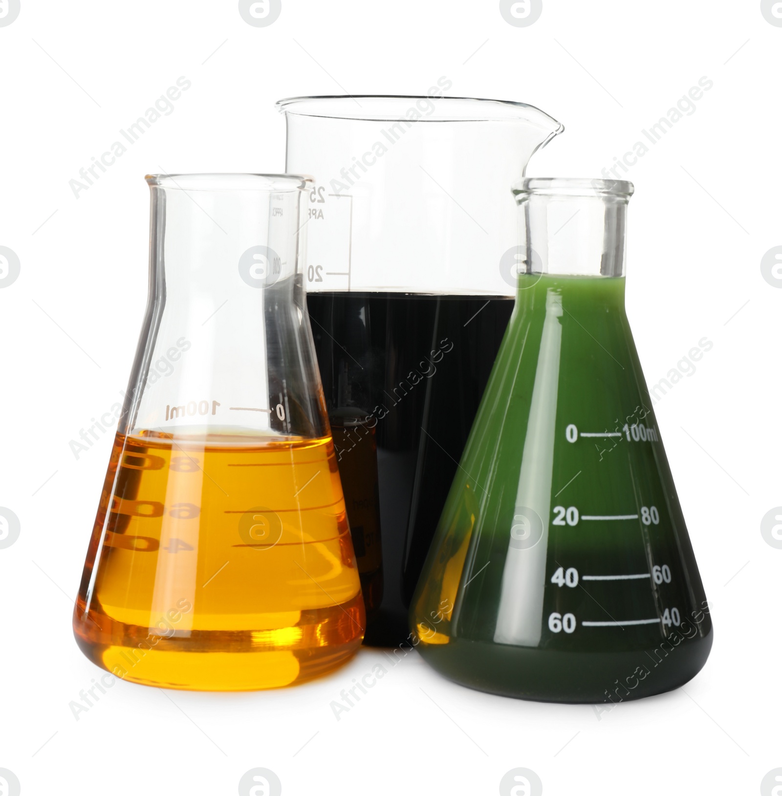 Photo of Laboratory glassware with different types of crude oil isolated on white