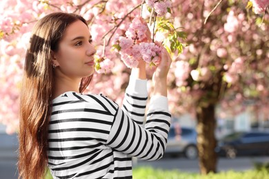 Beautiful woman near blossoming tree on spring day, space for text