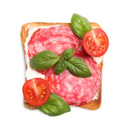 Photo of Tasty toast with cream cheese, tomato, salami and basil on white background, top view