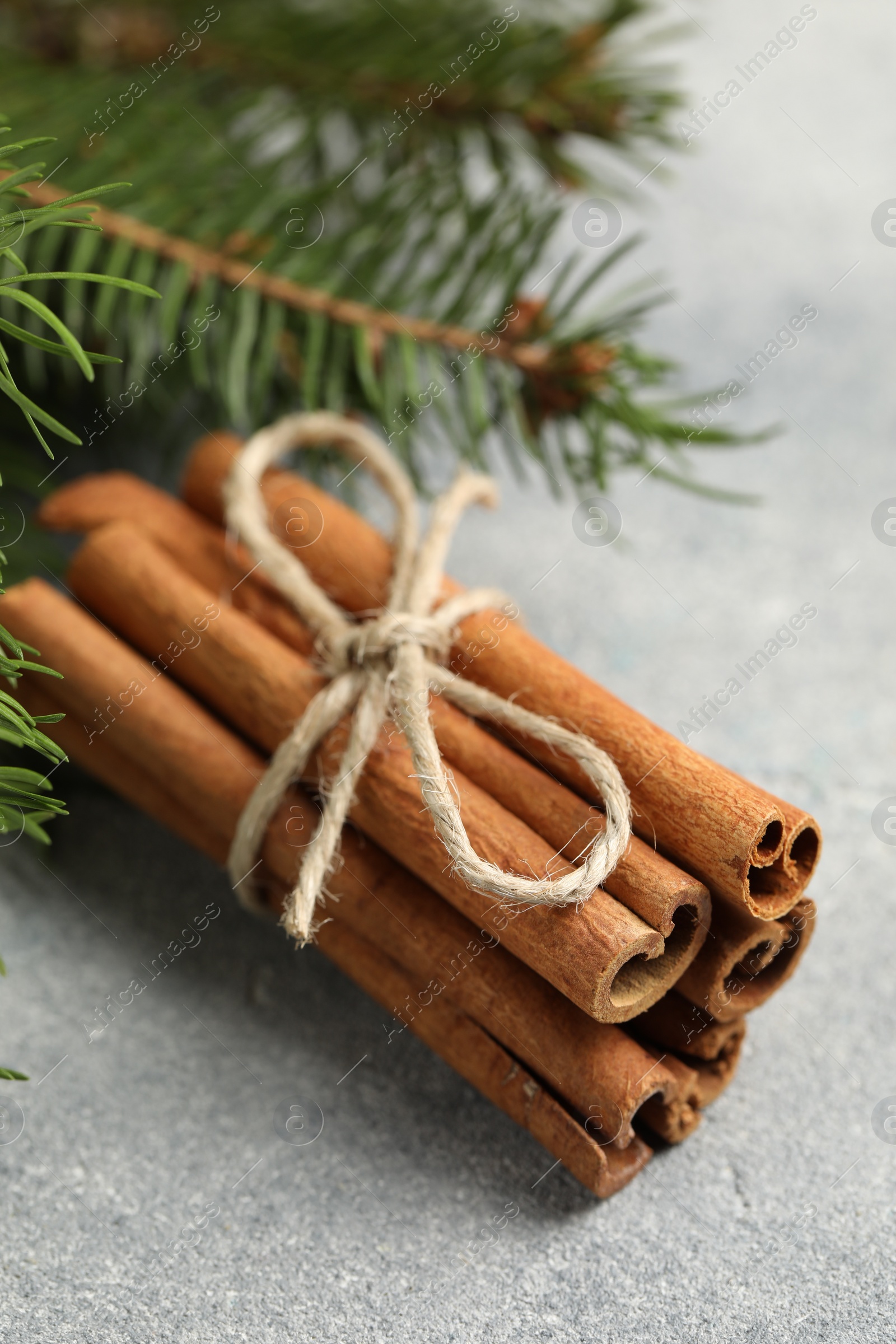 Photo of Bunch of cinnamon sticks and fir branches on grey textured table, closeup