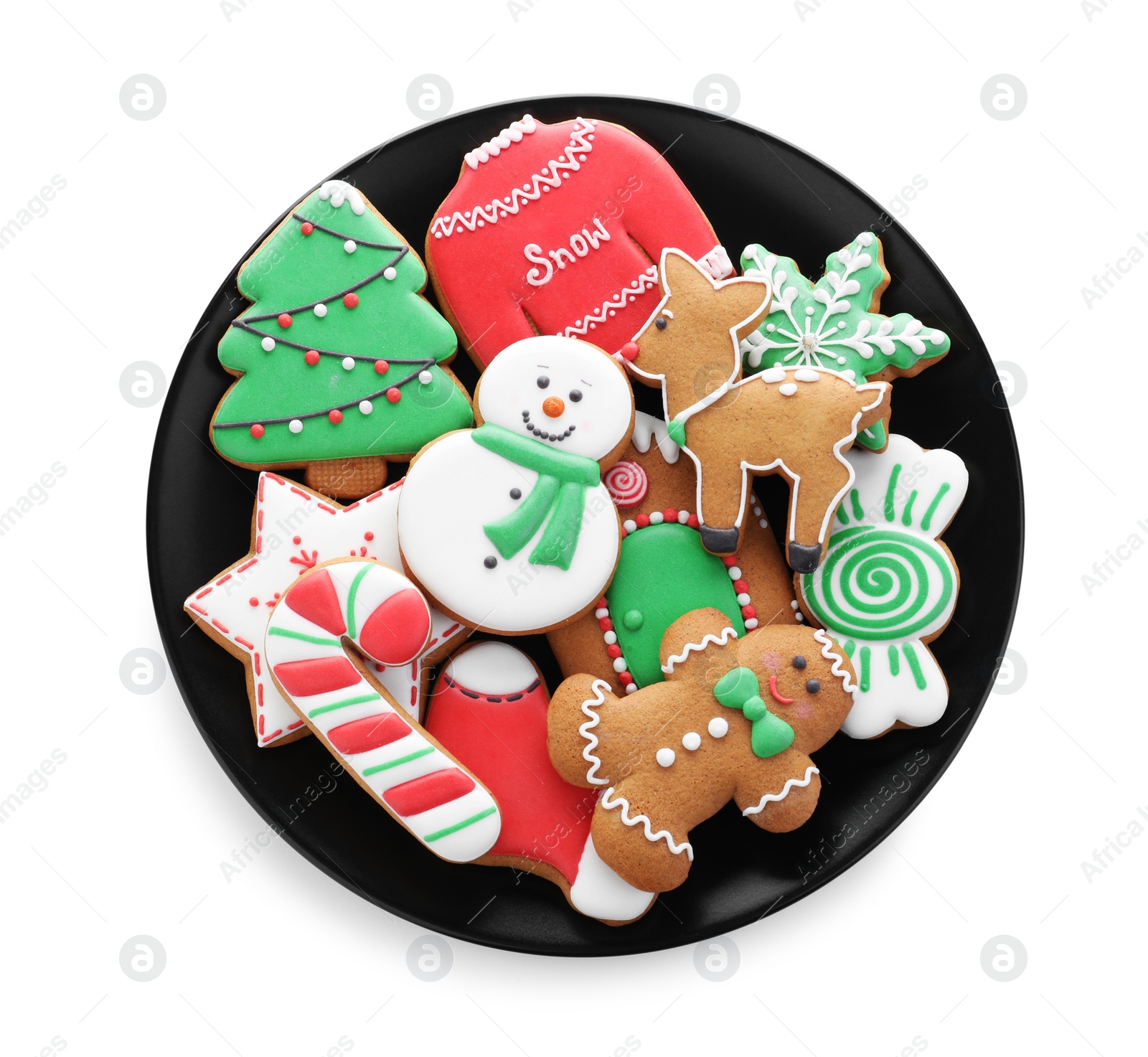 Photo of Delicious gingerbread Christmas cookies on white background, top view