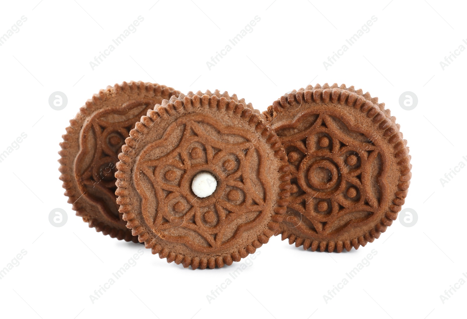 Photo of Tasty chocolate sandwich cookies on white background