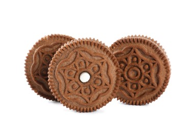 Photo of Tasty chocolate sandwich cookies on white background